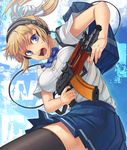  aks-74u assault_rifle bag black_legwear blonde_girl_(itou) blonde_hair blue_eyes bow breasts cable duffel_bag gun hair_bow headphones highres holding impossible_clothes impossible_shirt itou_(onsoku_tassha) large_breasts long_hair original pleated_skirt ponytail rifle school_uniform sennheiser shirt short_sleeves skirt solo sweat thighhighs weapon zettai_ryouiki 