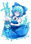  blue_eyes blue_hair blush bow cirno dress hair_bow harusame_(unmei_no_ikasumi) ice ice_wings melting shaved_ice short_hair sitting solo sweat touhou wings 