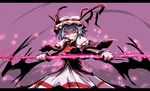  adapted_costume alternate_eye_color ascot blue_hair capelet constricted_pupils crazy_smile hat polearm purple_eyes remilia_scarlet shiba_yuuki short_hair solo spear spear_the_gungnir touhou weapon wings wrist_cuffs 