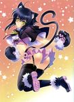  :&gt; absurdres ahoge animal_ears aquarian_age ass belt black_hair black_legwear boots capelet carnelian cat_ears cat_tail fur_trim garter_straps green_eyes highres looking_back midriff navel paws pleated_skirt scan short_hair skirt slit_pupils smile solo star tail thighhighs 