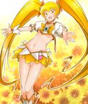  blonde_hair blush bow breasts choker cure_sunshine flower hair_ribbon heart heartcatch_precure! highres kagami_uekusa long_hair magical_girl midriff myoudouin_itsuki navel orange_bow orange_choker outstretched_arms precure ribbon skirt small_breasts solo sunflower thigh_gap twintails underboob yellow_bow yellow_eyes 