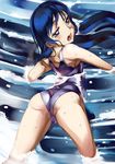  1girl aabitan ass bare_shoulders bent_over blue_eyes blue_hair blush highres looking_back one-piece_swimsuit open_mouth original partially_submerged school_swimsuit souletti swimsuit water 