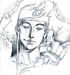  1boy bandanna electricity enel graphite_(medium) long_earlobes looking_at_viewer male male_focus monochrome one_piece pencil_(medium) pointing rhymee skypiea solo traditional_media 