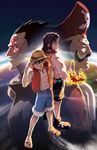  2boys 4boys belt black_hair black_shorts brother brothers brown_eyes chamba epic facial_hair family father father_and_son fire gol_d_roger hand_on_hat hand_on_headwear hat highres jeffrey_cruz jewelry jolly_roger male male_focus monkey_d_dragon monkey_d_luffy multiple_boys mustache necklace one_piece open_clothes open_vest pirate pirate_hat portgas_d_ace red_vest sandals scar shorts siblings smile son straw_hat tattoo topless vest 
