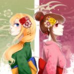  alternate_costume alternate_hairstyle back-to-back blonde_hair blue_eyes brown_hair flower hair_bun hair_flower hair_ornament highres ib ib_(ib) japanese_clothes kimono mary_(ib) multiple_girls ponytail red_eyes red_flower red_rose rose toushirou yellow_flower yellow_rose 