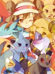  ;) blush brown_eyes brown_hair dewott double_bun gen_1_pokemon gen_2_pokemon gen_3_pokemon gen_5_pokemon litwick mei_(pokemon) o_bi_me one_eye_closed pokemon pokemon_(creature) pokemon_(game) pokemon_bw2 raglan_sleeves raichu red_wings salamence smile umbreon wings 