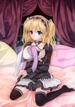  bed bed_sheet black_legwear blonde_hair blue_eyes boku_wa_tomodachi_ga_sukunai choker gothic_lolita hairband hasegawa_kobato heterochromia highres hwaryeo lolita_fashion lolita_hairband red_eyes sitting skirt solo stuffed_animal stuffed_bunny stuffed_toy thighhighs two_side_up wariza 