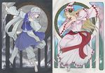  art_nouveau barefoot baten_(gei-vorugu) blonde_hair blue_eyes blue_hair bow closed_eyes hat highres letty_whiterock lily_white multiple_girls scarf short_hair symmetry touhou 