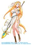  blonde_hair blush braid breasts elf gochou_(kedama) grin large_breasts legs long_hair no_panties pointy_ears sandals seikon_no_el_dorado simple_background single_braid smile solo wand watermark weapon white_background 