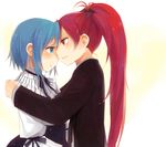  alternate_costume blue_eyes blue_hair bow hair_bow jing_hu long_hair mahou_shoujo_madoka_magica miki_sayaka multiple_girls ponytail profile red_eyes red_hair sakura_kyouko short_hair yuri 