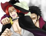  2boys angry black_hair cosplay costume_swap costume_switch dracule_mihawk facial_hair hat hat_feather jacket_on_shoulders knife lining lowres male male_focus multiple_boys one_piece popped_collar red_hair scar shanks shichibukai shirt shock surprised threaten white_background white_shirt yellow_eyes 