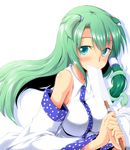  alternate_hairstyle bare_shoulders blush bow covering_mouth frog_hair_ornament green_eyes green_hair hair_ornament kasuka kochiya_sanae long_hair revision simple_background snake solo touhou upper_body white_background 
