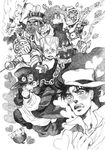  age_regression bird blush bud_(korovsme) cat cowboy_hat dog gakuran gem graphite_(medium) greyscale hat heart hierophant_green jean_pierre_polnareff jojo_no_kimyou_na_bouken joseph_joestar_(young) kakyouin_noriaki kuujou_joutarou long_coat magician's_red male_focus mohammed_avdol monochrome multiple_boys oversized_clothes puppy rapier school_uniform silver_chariot stand_(jojo) star_platinum sword traditional_media weapon younger 