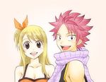  1girl :d bare_shoulders blonde_hair blush brown_eyes fairy_tail hair_ribbon kingyo_(984) lucy_heartfilia natsu_dragneel one_side_up open_mouth pink_hair ribbon scarf smile 