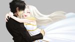  1girl black_eyes black_hair chigaya_kibasaki couple dress emiya_kiritsugu fate/zero fate_(series) grey_background hetero highres hug husband_and_wife irisviel_von_einzbern long_hair simple_background white_hair 