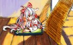  bangs barefoot bow frown fujiwara_no_mokou hair_bow head_rest indoors long_hair looking_away lying on_stomach red_eyes shirt solo suspenders tatami touhou utaco very_long_hair white_hair wind wooden_floor 