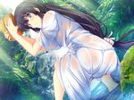  barefoot bathing black_hair blush bucket day dutch_angle from_behind game_cg long_hair looking_at_viewer low-tied_long_hair marushin_(denwa0214) nature outdoors purple_eyes see-through shallow_water soles solo squatting stream supokon!_sports_wear_complex terashima_madoka water wet wet_clothes 