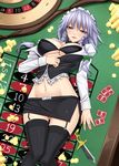  alternate_costume ass_visible_through_thighs black_bra black_legwear bow bra braid breasts casino coin cosplay croupier gambling garter_straps garters grey_eyes hair_bow izayoi_sakuya knife large_breasts lying maid_headdress midriff navel on_back rio_rollins rio_rollins_(cosplay) roulette roulette_table short_hair shuugetsu_karasu silver_hair skirt solo super_blackjack table thighhighs touhou twin_braids underwear weapon 