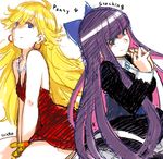  blonde_hair blue_eyes bow bracelet dress earrings hair_bow hands_clasped jewelry long_hair multicolored_hair multiple_girls necklace own_hands_together panty_&amp;_stocking_with_garterbelt purple_eyes sketch smile tagro two-tone_hair 