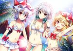  :d ;d armpits ball bat_wings beach beachball bikini bikini_skirt blonde_hair blush braid breasts cleavage fang flandre_scarlet flat_chest front-tie_top hat hat_ribbon izayoi_sakuya large_breasts lavender_hair long_hair looking_at_viewer maid_headdress mauve medium_breasts multiple_girls navel o-ring o-ring_top one_eye_closed open_mouth orange_eyes pointy_ears red_eyes remilia_scarlet ribbon short_hair side-tie_bikini silver_hair small_breasts smile sun swimsuit touhou twin_braids wings 