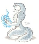  female fire magic mammal nude plain_background sitting smile solo white_background wolf wolf-nymph 