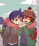  1girl backpack bag baozi black_eyes black_hair closed_eyes cloud coat food hat marui_futaba mitsudomoe mori1995 randoseru red_hair satou_shin'ya scarf shared_scarf sharing_food smile 