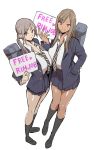  2girls blazer brown_hair commentary_request free_sex_sign full_body gyaru hand_in_pocket heart heart-shaped_pupils holding holding_sign jacket kogal loafers long_hair looking_at_viewer multiple_girls necktie original purple_eyes school_uniform shoes sign simple_background sketch skirt socks standing symbol-shaped_pupils tan twintails velzhe white_background 