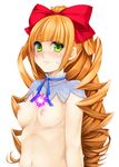  aiba_ruri blush bow breasts green_eyes hair_bow heart long_hair looking_at_viewer medium_breasts nipples orange_hair sacred_seven serizawa_mutsuki simple_background solo sweatdrop white_background 