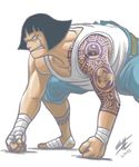  1boy bandage barefoot black_hair clenched_hand crouch fighting_stance fist male male_focus mitsudomoe_(shape) muscle one_piece scar sentoumaru solo squatting tank_top tattoo tomoe_(symbol) white_background 