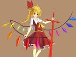  absurdres belt blonde_hair brown_background cross dress flandre_scarlet hair_ribbon hddkwar highres long_hair no_hat no_headwear red_dress red_eyes ribbon side_ponytail simple_background solo sword touhou weapon wings 