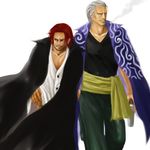  2boys ben_beckman cigarette facial_hair grey_hair gun jacket_on_shoulders male male_focus multiple_boys one_piece red_hair scar shanks shirt simple_background smoking walking weapon white_background white_shirt 