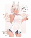  2017 amber_eyes animal_humanoid avian avian_humanoid blush breasts butt clothed clothing ehrrr english_text feathers female hair hi_res humanoid looking_at_viewer open_mouth owl_humanoid shorts speech_bubble standing tail_feathers text white_feathers white_hair wings 