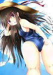 adjusting_clothes adjusting_swimsuit ass blush breasts brown_hair cloud day hat houraisan_kaguya kuzumomo long_hair medium_breasts one-piece_swimsuit open_mouth red_eyes school_swimsuit sideboob sky solo swimsuit touhou very_long_hair 