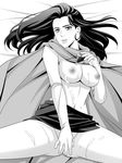  1girl breasts brown_hair brunette cape covering covering_crotch cum earrings elbow_gloves female gloves jewelry jewerly jojo_no_kimyou_na_bouken lisa_lisa long_hair milf monochrome necklace nipples solo zero1 