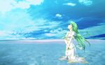  alice_carroll aria closed_eyes cloud day flower green_hair hat hat_removed headwear_removed long_hair profile sky solo soshina_nohito summer text_focus wading water 