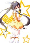  black_hair brown_eyes character_name cosplay cure_sunny cure_sunny_(cosplay) dress frills from_behind head_wings k-on! long_hair looking_back nakano_azusa orange_(color) orange_skirt precure skirt smile smile_precure! solo star suzumeko thighhighs tiara twintails 