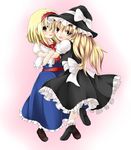 alice_margatroid bad_id bad_pixiv_id blonde_hair blue_dress bobby_socks capelet dress gradient gradient_background hairband hat hat_ribbon hug kirisame_marisa loafers long_hair looking_at_viewer multiple_girls open_mouth pink_background ribbon sash scarlet_0915 shoes short_hair short_sleeves skirt socks standing standing_on_one_leg tiptoes touhou vest witch_hat yellow_eyes 