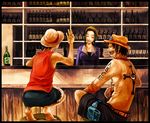  1girl 2boys bandanna bar barefoot barmaid belt black_hair bottle brother brothers east_blue female hat jolly_roger makino makino_(one_piece) male monkey_d_luffy multiple_boys one_piece open_mouth pirate portgas_d_ace purple_shirt shirt shorts siblings sitting smile straw_hat tattoo time_paradox topless tsuyomaru 