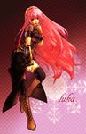  absurdres black_legwear boots character_name cross-laced_footwear finger_to_chin headset highres jin_(030501) lace-up_boots lips long_hair megurine_luka pink_hair polka_dot polka_dot_background purple_eyes see-through solo thighhighs very_long_hair vocaloid 