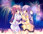  2girls animal_ears catgirl doggirl fireworks japanese_clothes nanaroba_hana original tail 