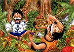  2boys anchor anchor_(symbol) black_hair brother brothers east_blue hand_on_another's_face hand_on_face hand_on_own_face laughing male male_focus monkey_d_luffy multiple_boys mushroom one_piece outdoors plant portgas_d_ace rock sandals scar scenery siblings sitting smile tree vine vines young younger 