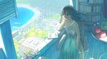  apple bad_id bad_pixiv_id bare_shoulders black_eyes black_hair book bookshelf building chair chin_rest city cityscape dress flower food fruit highres long_hair ocean original scenery ship sitting sleeveless sleeveless_dress smile solo sumashi table water watercraft wind 