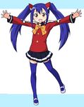  :d blue_hair blue_legwear blush fairy_tail full_body masaki_itsuki open_mouth outstretched_arms skirt smile solo spread_arms thighhighs twintails wendy_marvell zettai_ryouiki 