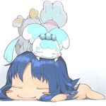  akinbo_(hyouka_fuyou) animal animal_on_head blue_hair blush_stickers chibi chypre_(heartcatch_precure!) closed_eyes coffret_(heartcatch_precure!) creature heartcatch_precure! kurumi_erika long_hair lowres lying nude on_floor on_head on_stomach precure simple_background sleeping white_background 