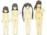  ass_visible_through_thighs barefoot blush_stickers breasts brown_eyes collarbone daizu_sanchi flat_chest frown full_body hair_ribbon hairband hand_on_hip head_tilt large_breasts lineup long_hair looking_at_viewer medium_breasts multiple_girls navel nipples nude original pussy ribbon short_hair sidelocks simple_background small_breasts smile standing twintails very_long_hair white_background 