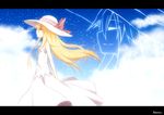  alternate_costume arms_behind_back bow closed_eyes cloud day dress hat hat_bow letterboxed lily_white long_hair signature sky sleeveless smile solo standing sundress touhou very_long_hair yutamaro 