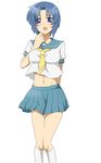  blue_eyes blue_hair chie_rumiko cosplay groin hand_to_own_mouth higurashi_no_naku_koro_ni midriff navel necktie open_mouth rumia_(compacthuman) ryuuguu_rena ryuuguu_rena_(cosplay) school_uniform serafuku short_hair short_sleeves simple_background skirt socks solo standing sweat thigh_gap white_background 