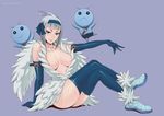  ahoge angel_(fairy_tail) bad_id bad_pixiv_id bangs blunt_bangs breasts breasts_apart crossed_legs elbow_gloves fairy_tail gemini_(fairy_tail) gloves large_breasts no_bra sitting thighhighs vasily_(run211) 