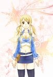  alternate_costume alternate_hairstyle bare_shoulders fairy_tail highres kingyo_(984) lucy_heartfilia midriff navel smile solo thighhighs twintails 