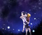  2boys black_hair brother brothers carry carrying east_blue eyes_closed grass hat hat_removed headwear_removed male male_focus monkey_d_luffy multiple_boys night night_sky one_piece outdoors piggyback portgas_d_ace sandals shorts siblings sky sleeping straw_hat vest walking 